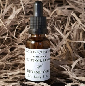 Devine Oils Very Sensitive or Dry Night Oil Repair. We love this. 100% Certified Organic Ingredients. No Nasties. Palm Oil Free. 100% Australian Made in Sydney